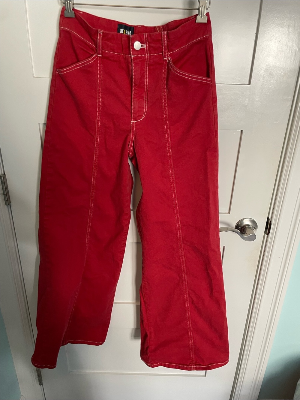 Anthropologie Delaney Maeve Red High-Rise Pants with White Topstitch